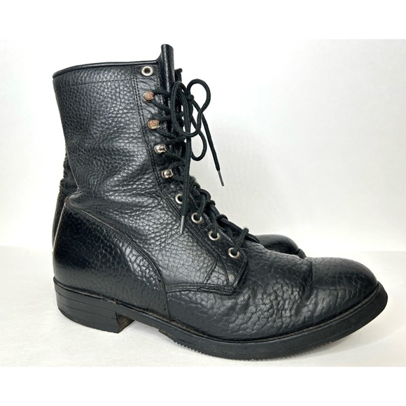 Vintage 90s BOULET Combat Boot LaceUp Pebbled Full Grain Black Leather Punk 9 - Picture 5 of 15